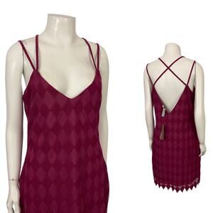 NWT Myan Eggplant Diamond Print Strappy Mini Slip Dress Criss Cross Back L -